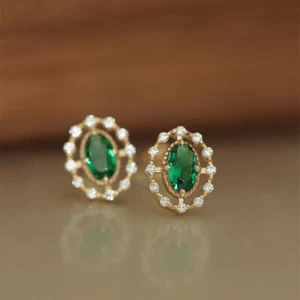 Dainty Oval Cut Emerald 14k Gold Plated Sterling Silver Claw Post Stud Earrings - Picture 1 of 5