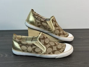 Coach Signature Monogram Beale Slip On Beige Gold Canvas Shoes Women 8B Vintage - Picture 1 of 12
