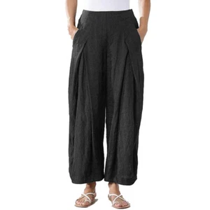 Women Loose Cropped Pants Cotton Linen Wide Leg Trousers Baggy Harem Solid Color - Picture 1 of 13
