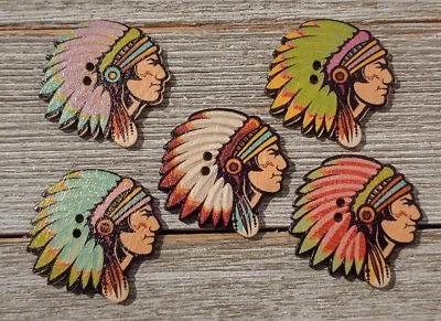 5 Chief Multi-color Headdress Sewing Buttons Crafting Wood 2 Hole 1 1/8" - Image 1 of 2