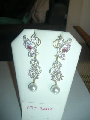 Gold + White Crystal Long Dangling BUTTERFLY Betsey Johnson Pierced EARRINGS-NWT - Image 1 of 4