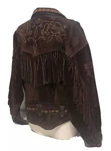 Giacca western anni 80 taglia L no! Giacca bomber jeans marrone scamosciato con frange CowBoy - Foto 1 di 9