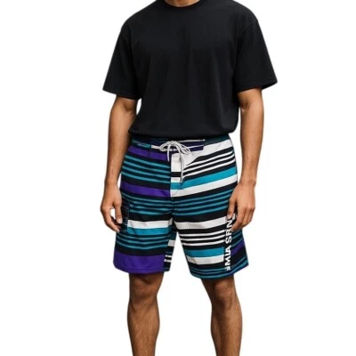 Shorts de tabuleiro Maui and Sons tamanho 36 branco azul roxo listrado cordão cintura - Imagem 1 de 4