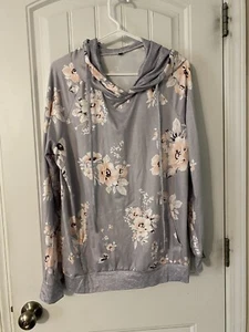 Damen Pull Over Hoodie T-Shirt in grau mit Blumenmuster, Gr. Large - Bild 1 von 6