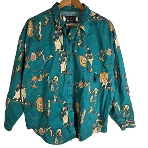 Vtg Panhandle Slim Men's Native American Indian Western Teal Button Up Shirt L - Picture 1 of 5