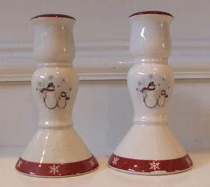 Candlesticks by Royal Seasons Stoneware Snowmen Christmas Holiday EUC X 2 - Picture 1 of 5
