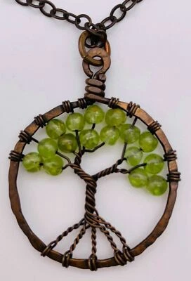 Tree of Life Peridot Stone Pendant Round Gemstone Cut Green Copper Wire Necklace - Image 1 of 4