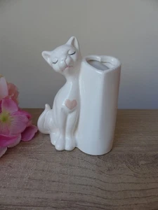 Vase en céramique chat blanc avec coeur rose, chat rétro shabby chic, chambre - Foto 1 di 10