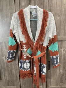 Wrangler Cardigan Sweater Womens M Striped Southwest Aztec Belted Fringed - Picture 1 of 7