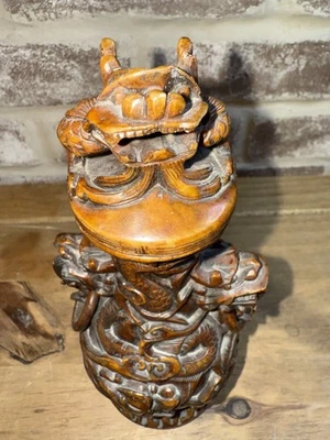 Antiguo jarrón chino antiguo hetiano rojo/marrón jade cabeza de dragón Xiu doble anillo soporte Foto 1 de 4