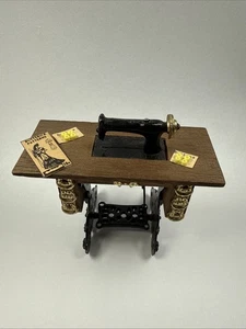 Vintage Doll House Miniature SEWING MACHINE W/PATTERN  1:12 Scale Wood & Metal - Picture 1 of 15