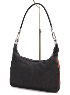 Gucci Handbag Shoulder Bag Purse 01233 Sherry Denim Canvas Black Small Authentic - Image 1 of 4