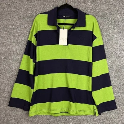 Новый ZARA мужчин в полоску длинным рукавом рубашка-поло лайм зеленый темно-синий размер L новый с Ярлыками - Изображение 1 из 4