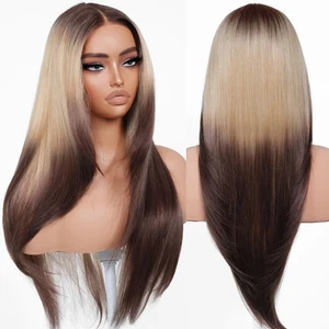 Ombre blonde braune Wear and Go kleberlose Perücken vorgezupft vorgeschnitten für Anfänger... - Bild 1 von 6