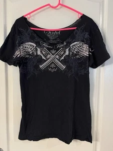 T-shirt donna grande Sinful By Affliction ali nera donna strass fatale - Foto 1 di 7