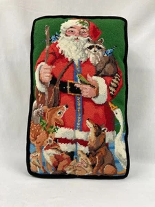 Vintage Finished Bucilla Santa with Friends Needlepoint Pillow 16 "x 9 1/2" x 5" - Picture 1 of 7