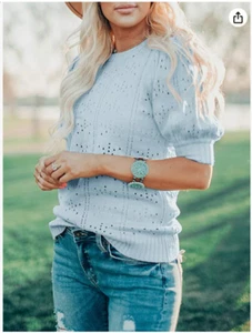 Foshow Womens Puff Short Sleeve Sweaters Tops Summer Soft Crew Neck Dot Pullover - Picture 1 of 3