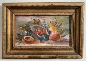 Vintage Original Miniature Oil Painting Still Life Fruit Plums Cherries -Signed - Picture 1 of 10