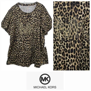 Michael Kors Plus 2X Gold Studded Logo T-Shirt Leopard Animal Print Top Tee NWT - Picture 1 of 11