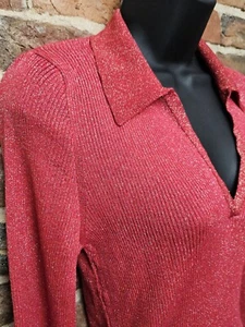 Maeve x Anthropologie V-Neck Lurex Polo Sweater Shiny Metallic Long Sleeve Sz L - Picture 1 of 9