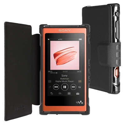 PU Leather Flip Case for Sony Walkman NW-A55L, NW-A56 Cover + Screen Prot, Black - Image 1 of 4
