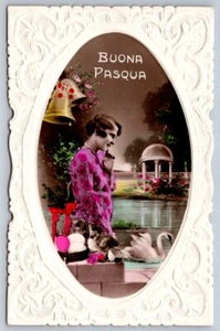 Buona Pasqua Happy Easter, Woman, Pond, Swan, 1934 Fotocelere RPPC Postcard - Picture 1 of 2