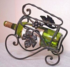 vtg Wrought Iron Wine bottle Rack Holder Caddy barware tabletop black handle