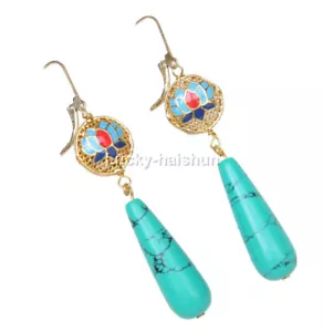 Dangle 2.5" green turquoise Cloisonne Enamel earring 14K hook j12663 - Picture 1 of 2