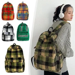 Vintage Lamb Wool Colorful Scotland Plaid Backpack Warm Plush Winter Backpack - Picture 1 of 30