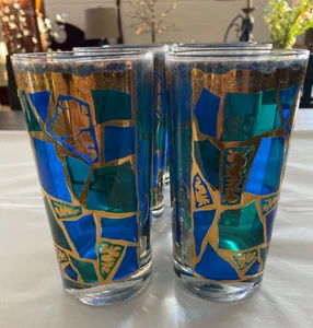 Bicchieri vintage Georges Briard Highball oro e blu mosaico 7 totali - Foto 1 di 5