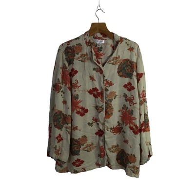 Citron Santa Monica Womens Button Up Tunic Blouse Floral Birds Beige Size 3X - Image 1 of 4