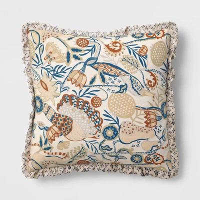 Square Bird in Nature Pillow with Printed Reverse and Ruffle Trim neutral - Image 1 of 4
