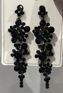 Long Black Flower Rhinestone Pagent Wedding Dress Crystal Glamorous Earrings - Picture 1 of 11