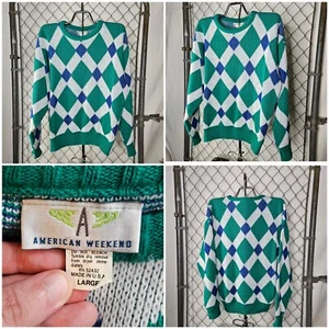 VTG American Weekend 90s Green / Blue / White Argyle Pullover Sweater Large EUC - Picture 1 of 5