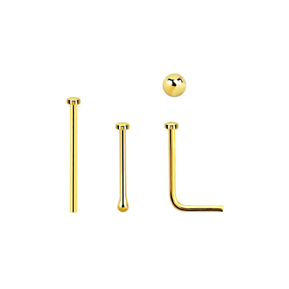 Nose Stud 18K Yellow Gold Plated 1mm Flat Round Top L Shaped Bone Pin Ball End   - Image 1 of 1