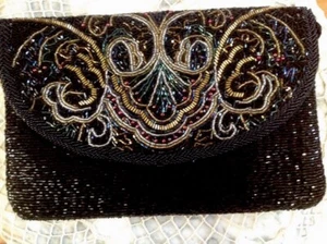 PURSE BEADED EVENING BAG CAROLYNE BARTON BLACK SILVERY SILK SIGNED VINTAGE - Bild 1 von 6