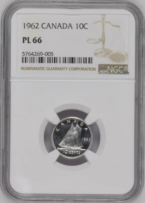 :1962 SILVER DIME ELIZABETH-II 10C CANADA KM#51 LOW-POP NGC PL-66 HIGHEST-GRADES - Image 1 of 4