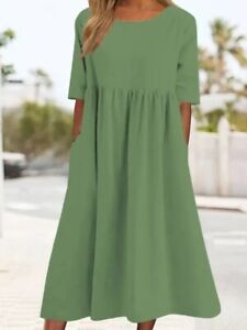 Summer cotton and linen casual short sleeve pocket pleated loose round neckdress