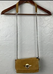 ZARA Genuine Leather Suede Tan Small Chain Crossbody Bag Fall Season - Picture 1 of 7