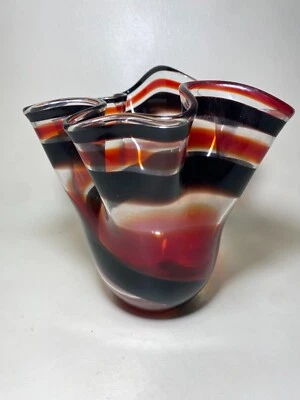 Vintage Hand Blown Glass Vase Brown Red Ruffled Tulip Gorgeous 8" x 8" - Image 1 of 4