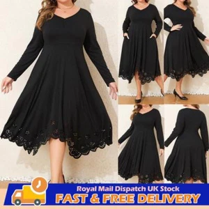 Plus Size 18-28 Women Lace Trim V Neck Midi Dress Long Sleeve Pocket Swing Dress - Picture 1 of 17