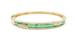 14k Yellow Gold 1.25 Carat Emerald And Diamond Hinged Bangle Bracelet 6.5" - Picture 1 of 12