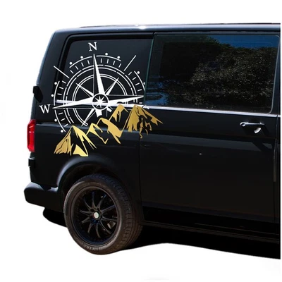 FINEST-FOLIA Aufkleber Set Kompass Berge 60x56cm Sticker Auto Wohnwagen Camper KX072 Weiß Gol
