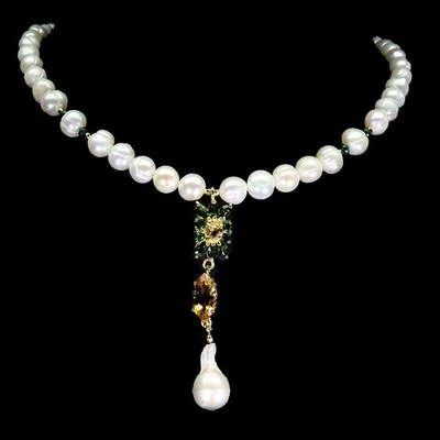 Collana in argento sterling 925 marchesa citrino 14x7 mm perle pietre... - Immagine 1 di 4