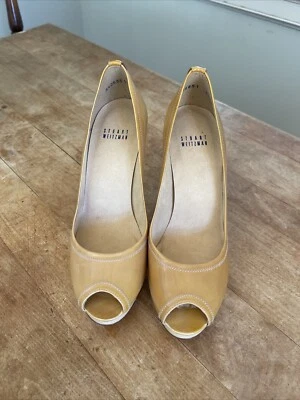 Stuart Weitzman Logo Flame Seda Anilina M7.5 Tacón Bomba Charol Punta abierta Cuero  Foto 1 de 3