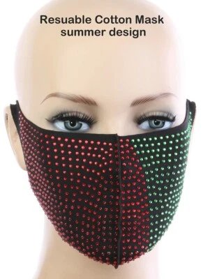 GREEN & RED RHINESTONE MASK FOR ADULTS WASHABLE REUSABLE XLARGE - Image 1 of 4