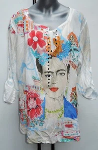 STYLISHE FRIDA KAHLO HEMD BLUSE + TOP  2 IN 1  GLITZER  WEISS JEANS BLAU ORANGE - Bild 1 von 4