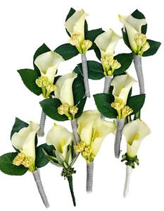 10 White Wedding Calla Boutonnières Groom, Best Man, Groomsmen, Dad, Ring Bearer - Picture 1 of 11