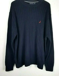 NAUTICA Men's Navy Blue Sweater 2XL Round Neck Long Sleeve Logo Cable Knit - Picture 1 of 7