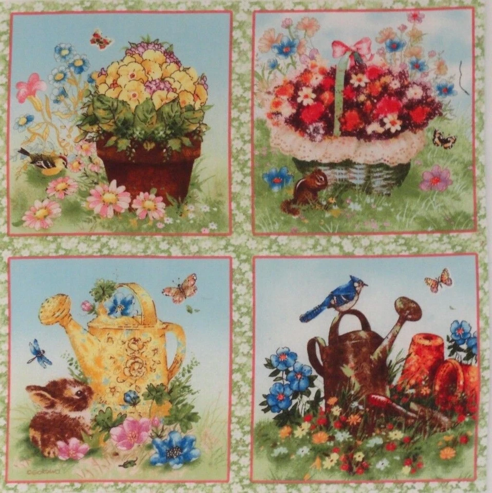 Birds Chipmunk Bunny Giordano Fabric Flowers 5.5" quilt squares cotton quilting - Image 1 of 1